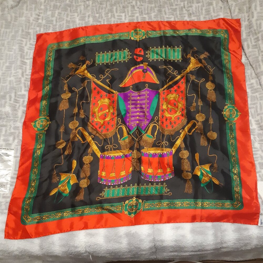 Large Vintage KOREAN AIR Silk-Feel Scarf - Baroque Motif - Rare